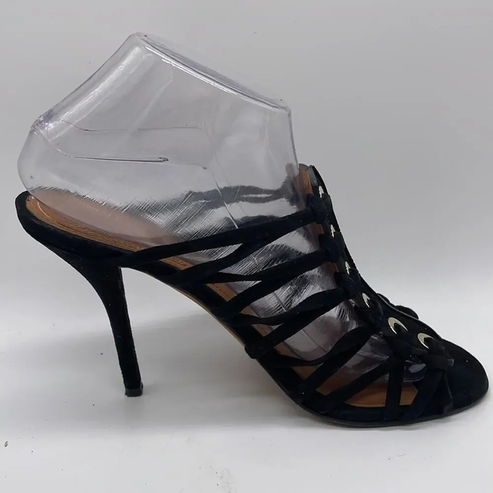 Givenchy Zenaide Black Suede Nautical Eyelet Heels Caged Gladiator Size 38 8